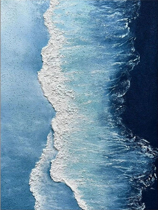 Modern Textured Ocean Wave Wall Art - Large Vertical Blue Abstract Canvas Painting #ZZ066
