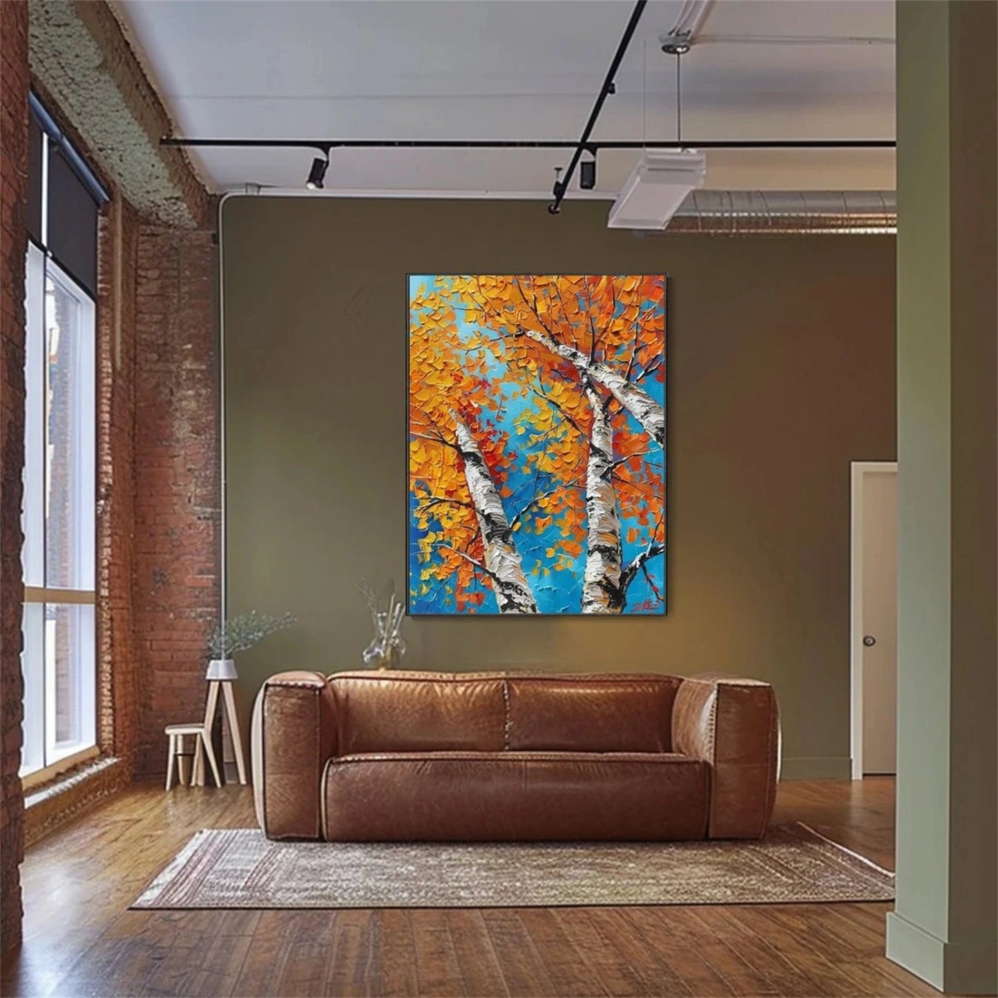 Autumn Birches Hand-Painted Oil Painting - Large Textured Orange Leaves Canvas Art for Home Office #JJ349