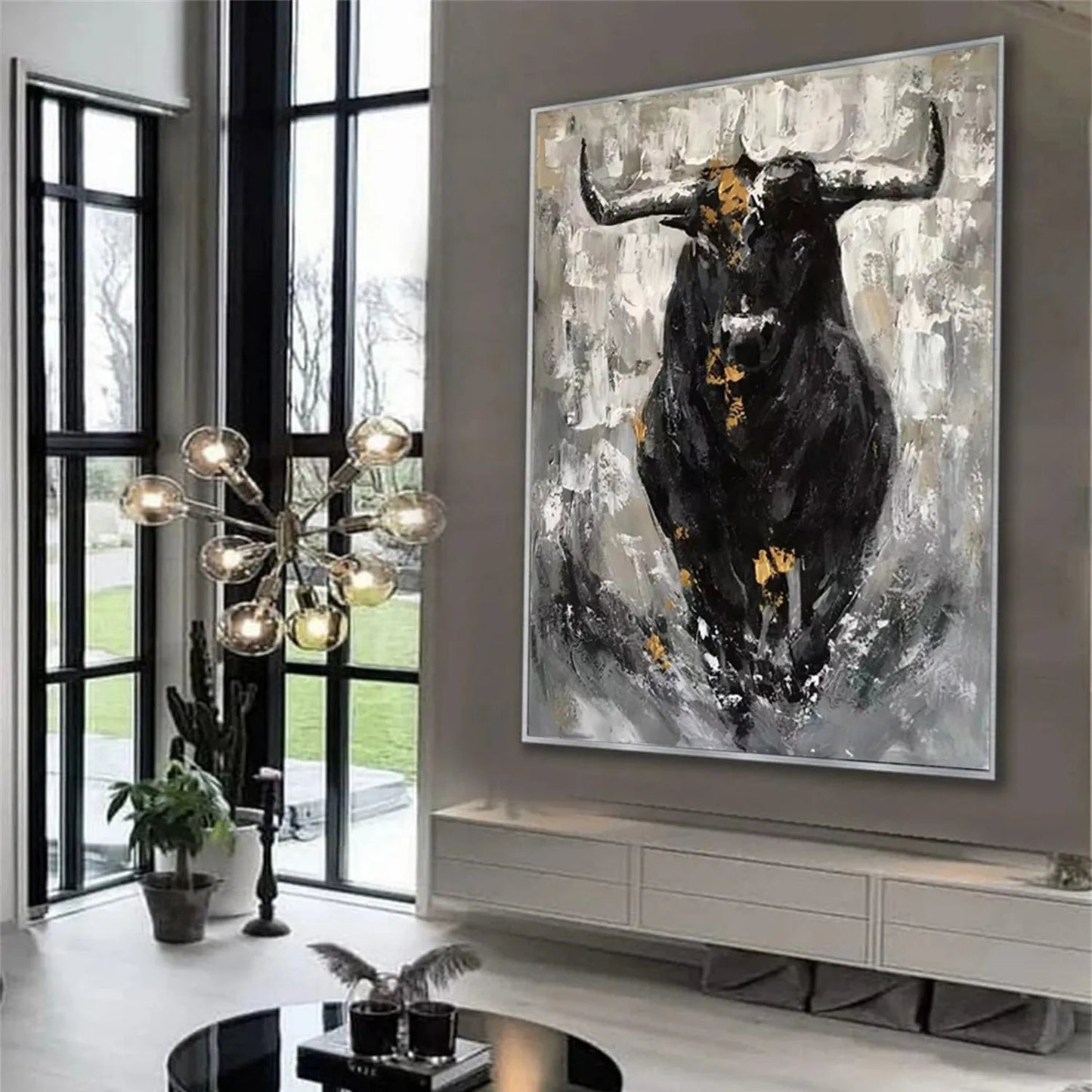 Powerful Abstract Bull Canvas Art - Large Hand-Painted Animal Oil Painting for Office Decor #ZZ024