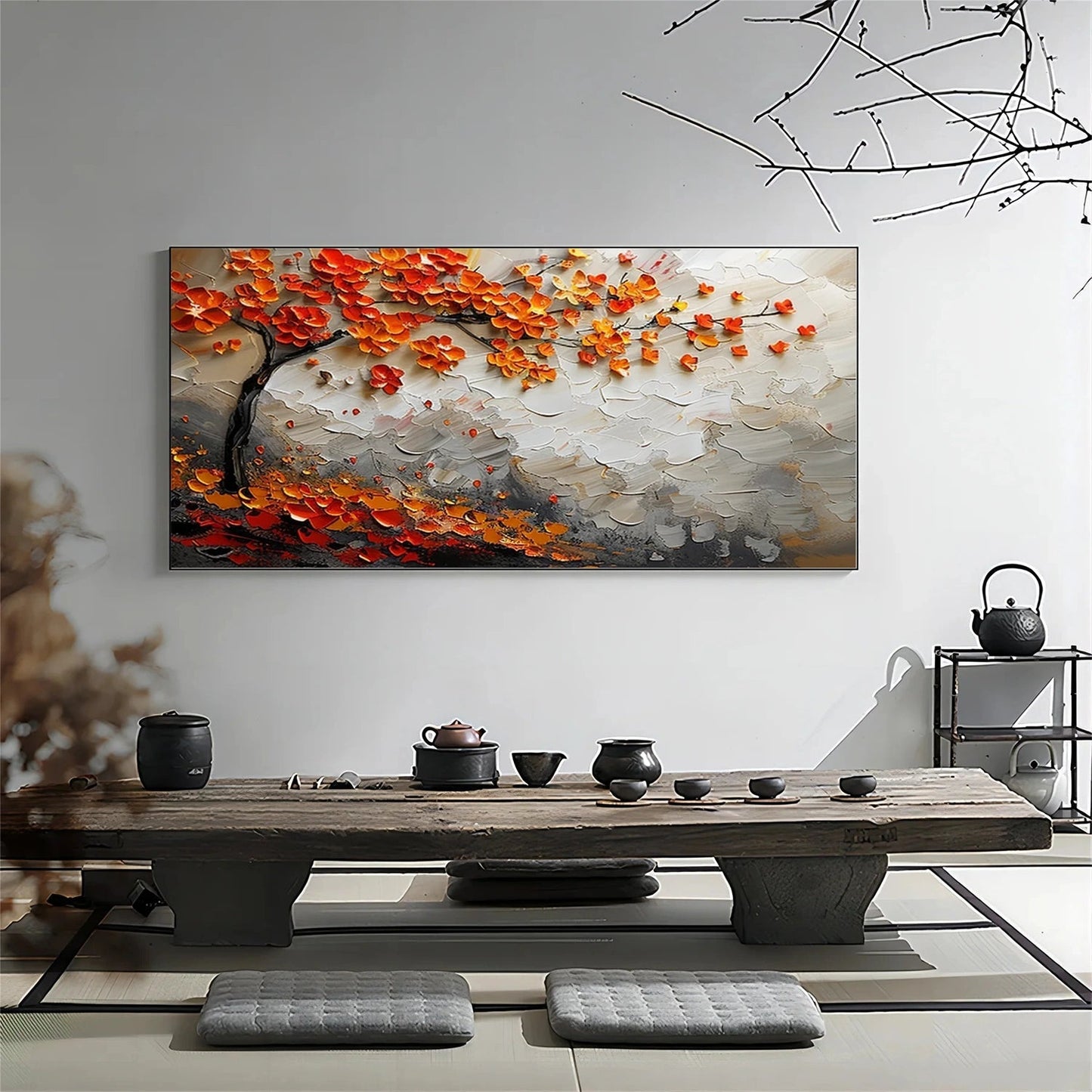 Modern Textured Tree Oil Painting - Large Abstract Orange Foliage Wall Art on Canvas #JJ302