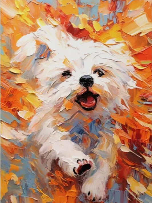 Vibrant Running White Dog Painting - Large Hand-Painted Textured Animal Wall Art on Canvas #ZZ167