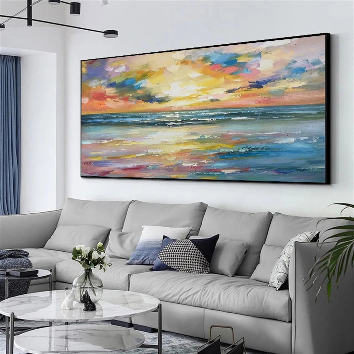 Modern Colorful Sunset Seascape Art - Large Hand-Painted Textured Ocean Oil Painting on Canvas #JJ192