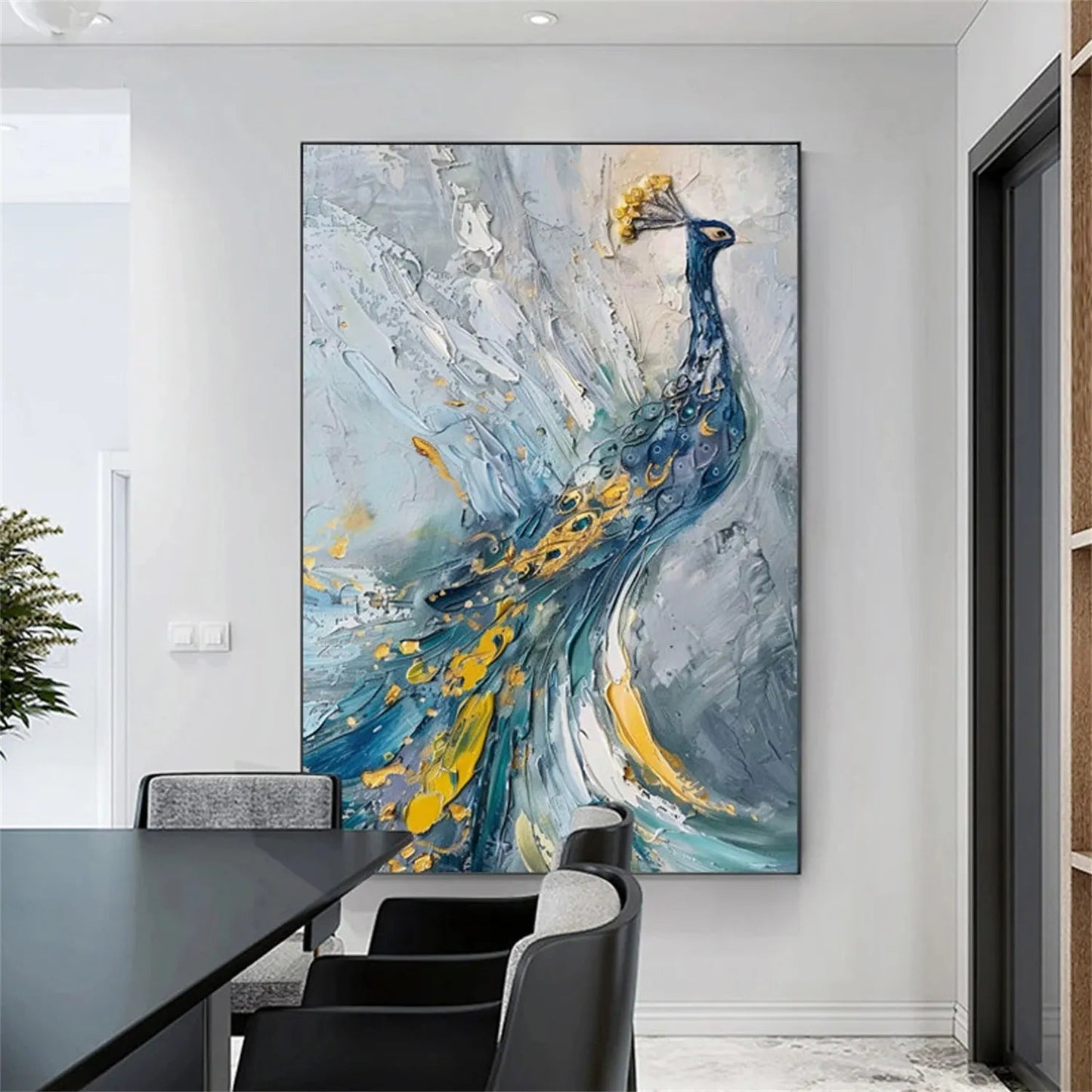 Minimalist Textured Peacock Oil Painting - Large White and Gold Bird Wall Art #ZZ206