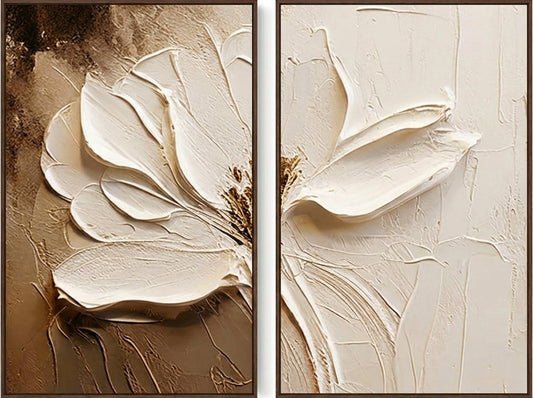 Large hand-painted neutral boho textured white flower diptych oil painting