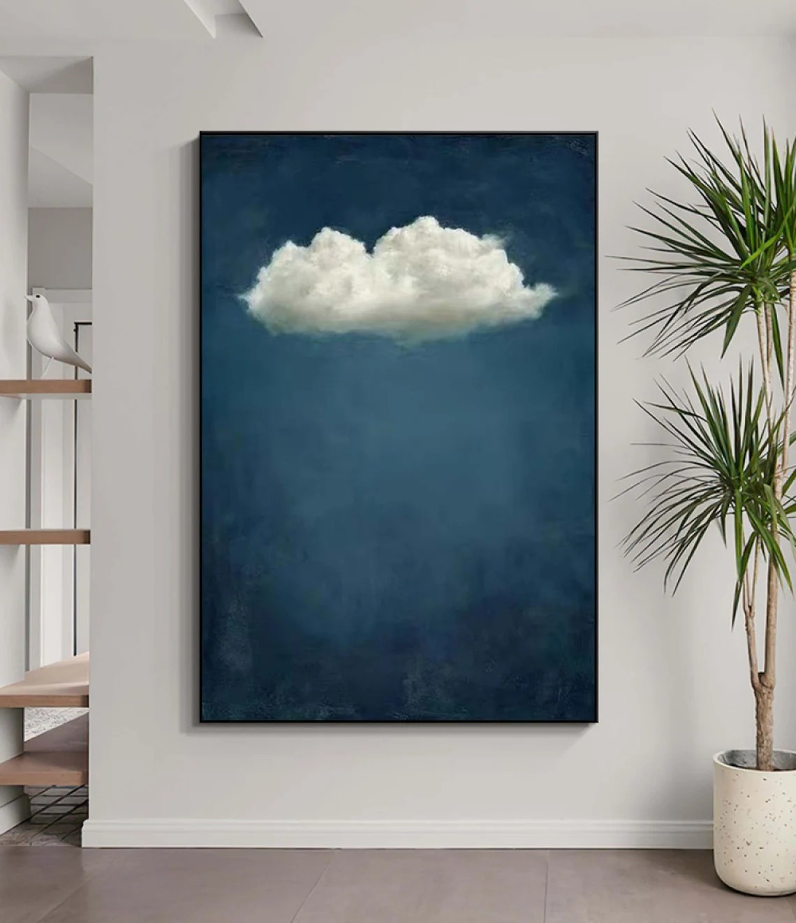Modern Minimalist Cloud Painting - Large Vertical Blue Textured Canvas Wall Art #TC042