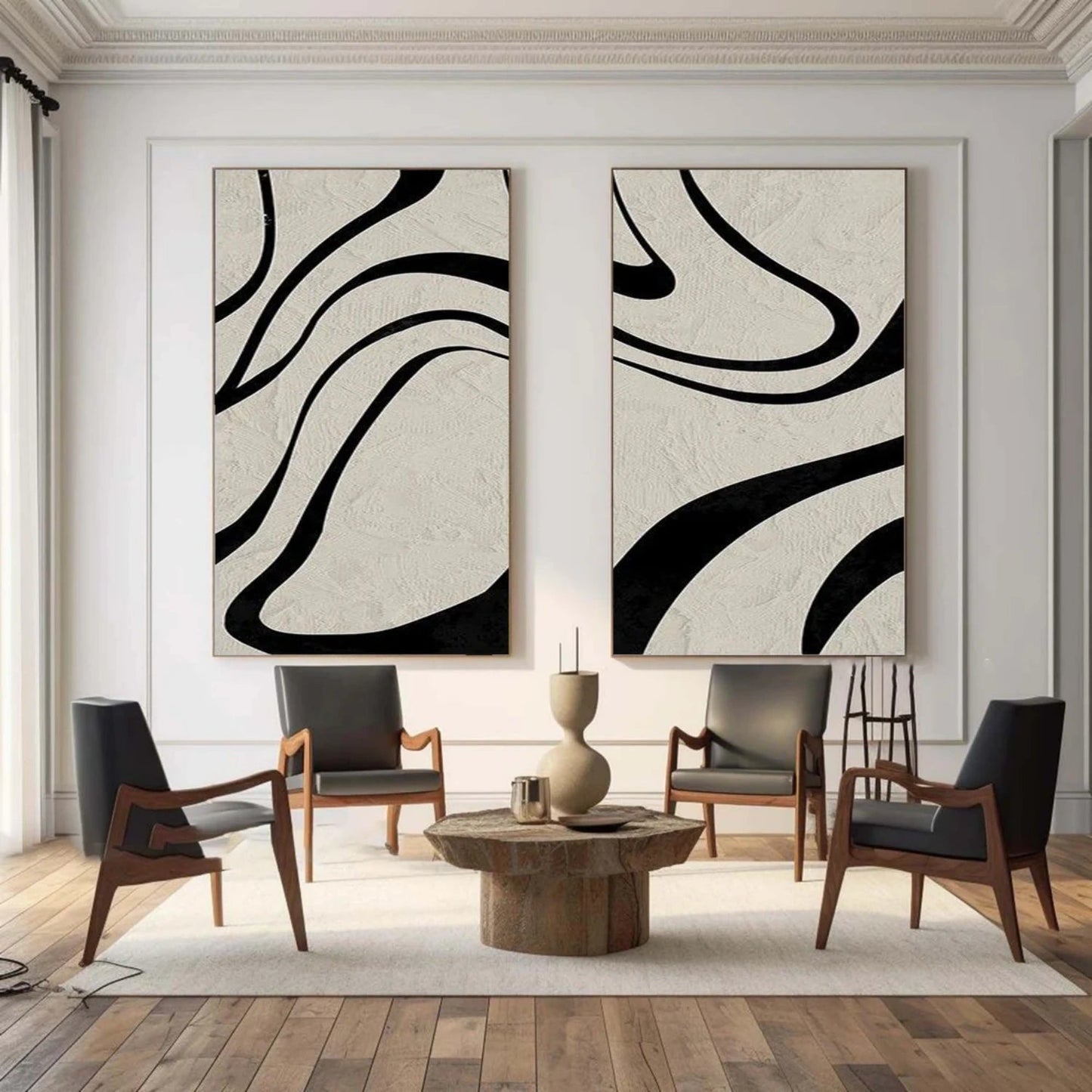 Modern Minimalist Black Lines on Beige Wall Art - Abstract Canvas Set of 2 #TB 119
