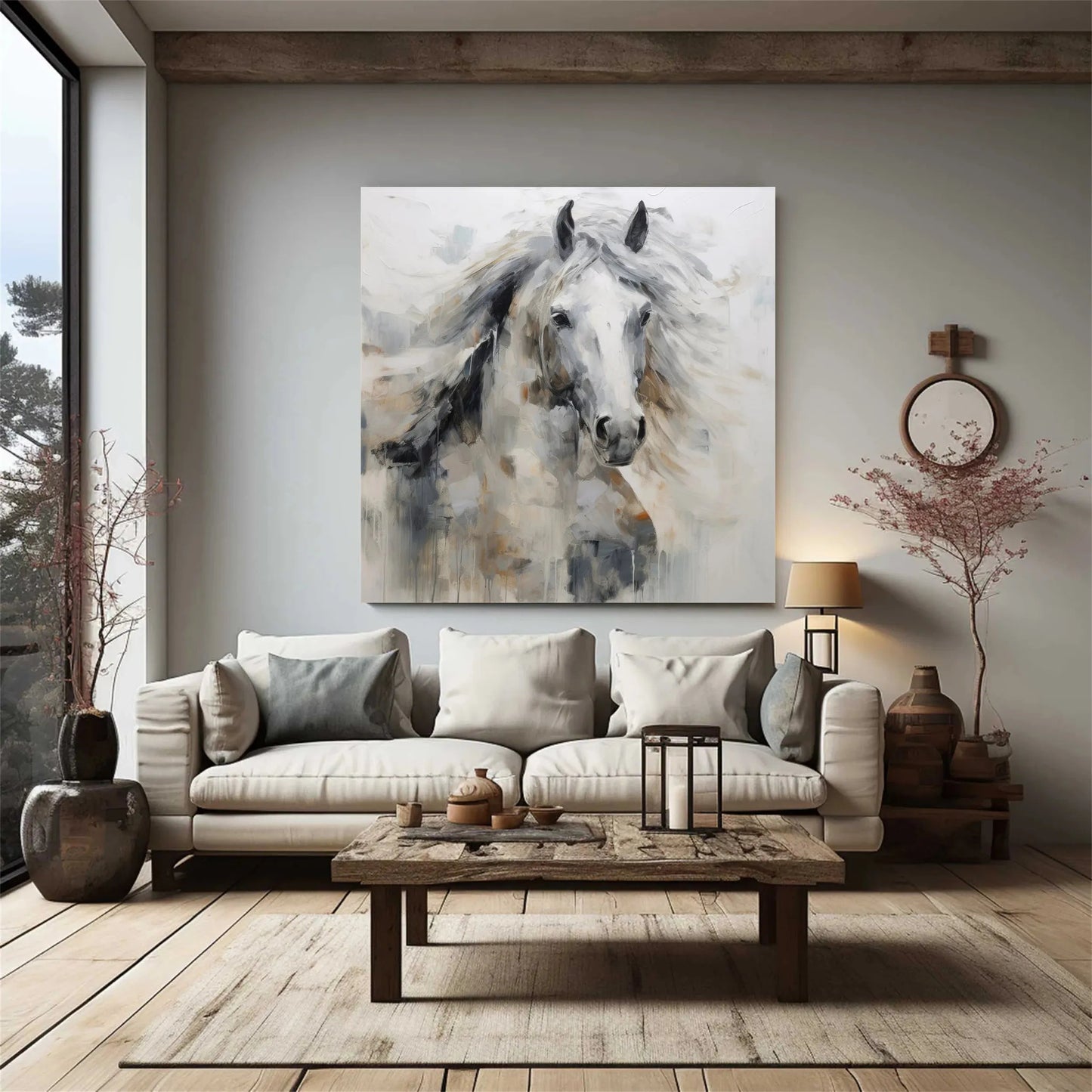 Minimalist Textured White Horse Oil Painting - Large Modern Hand-Painted Equine Canvas Art #ZZ152