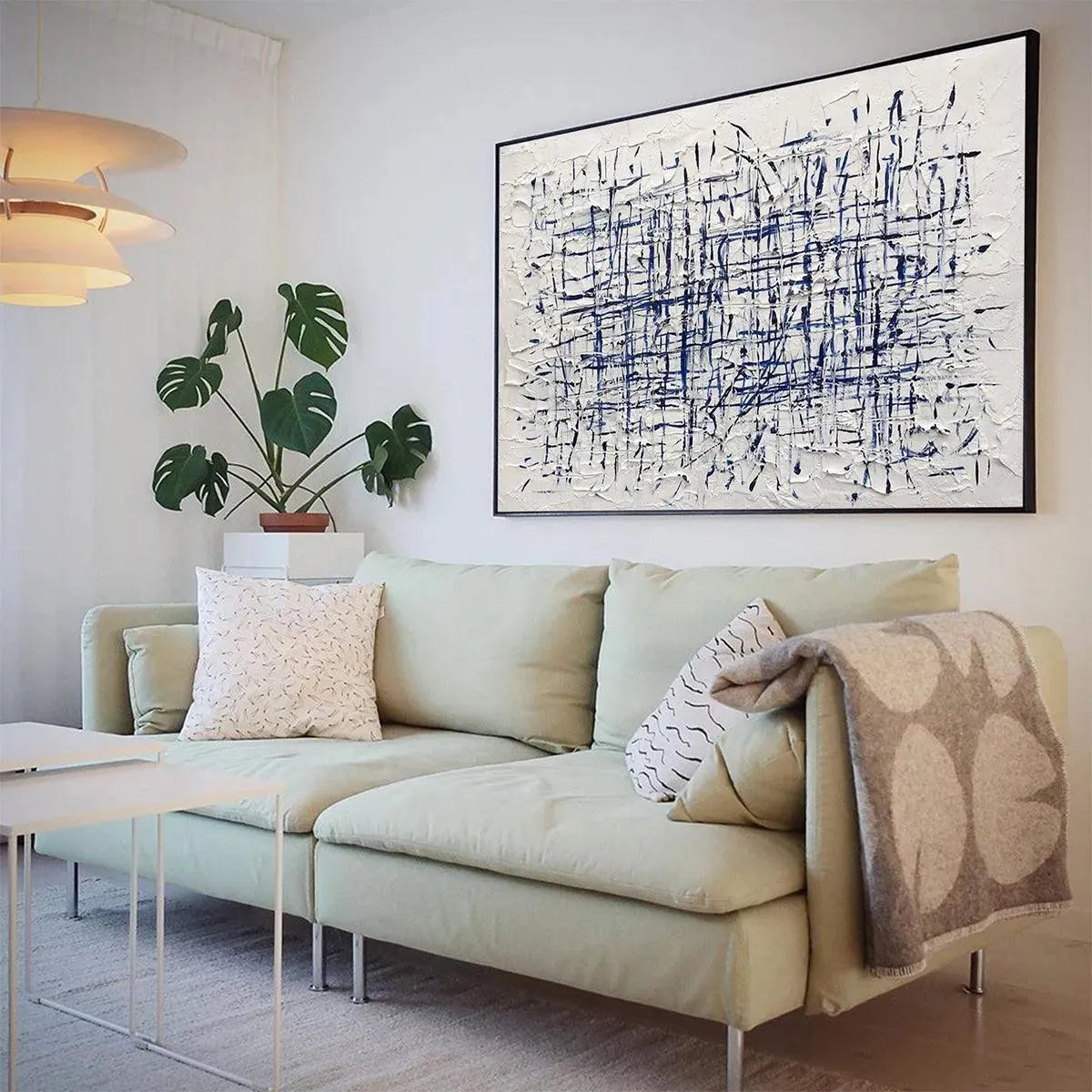 Modern Abstract Blue & White Linear Grid Painting - Large Textured Geometric Wall Art on Canvas #AA205