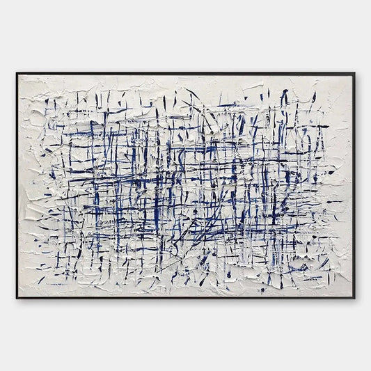 Modern Abstract Blue & White Linear Grid Painting - Large Textured Geometric Wall Art on Canvas #AA205