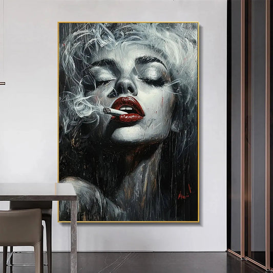 Modern Pop Art Woman Smoking Wall Decor - Large Hand-Painted Glam Canvas Oil Painting for Living Room #AA005
