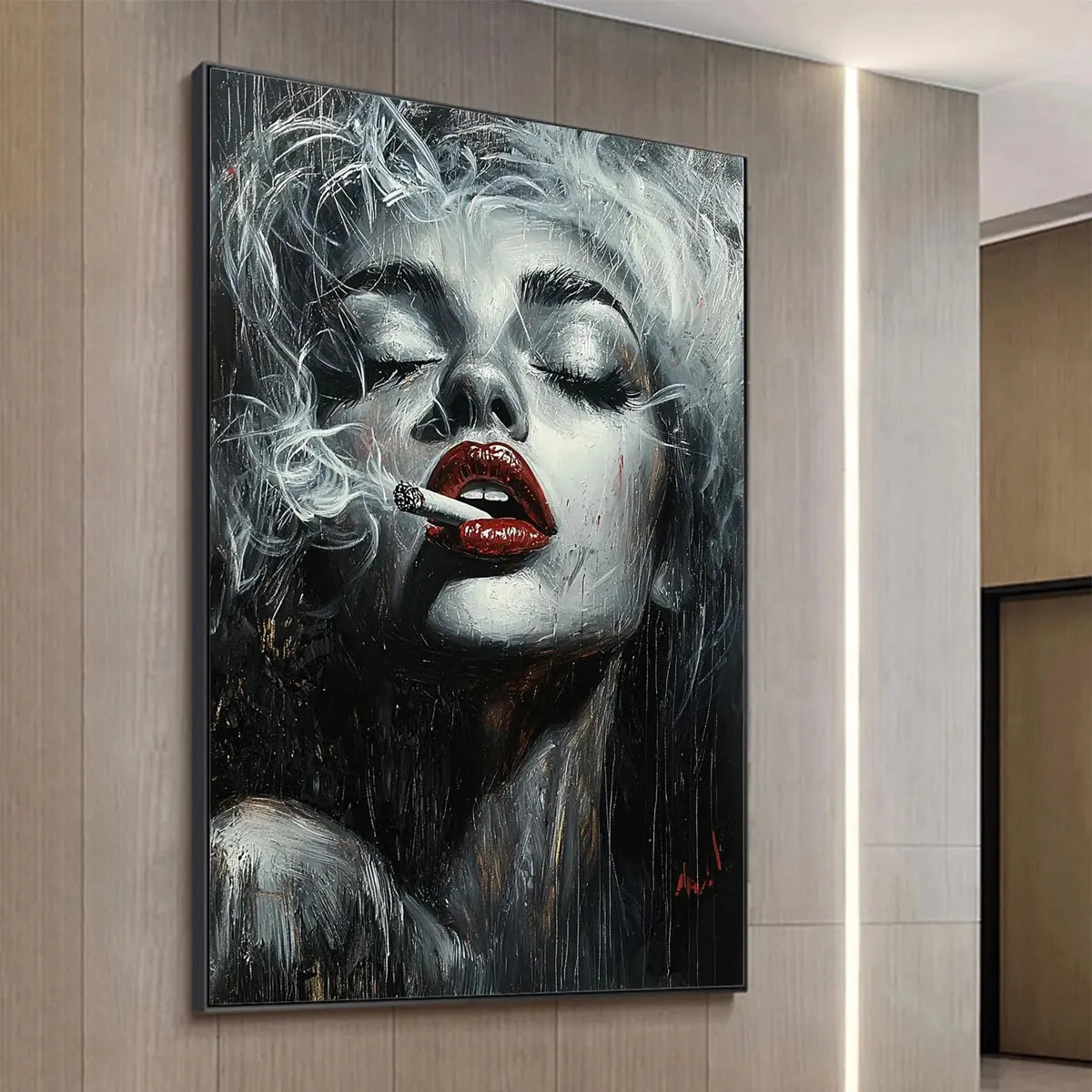 Modern Pop Art Woman Smoking Wall Decor - Large Hand-Painted Glam Canvas Oil Painting for Living Room #AA005
