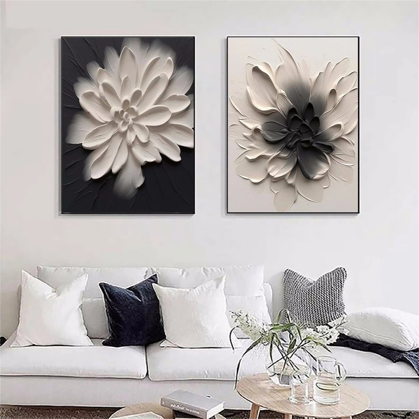 Modern 3D Textured Black & White Flower Painting Set - Large Minimalist Floral Diptych Art on Canvas #JJ085