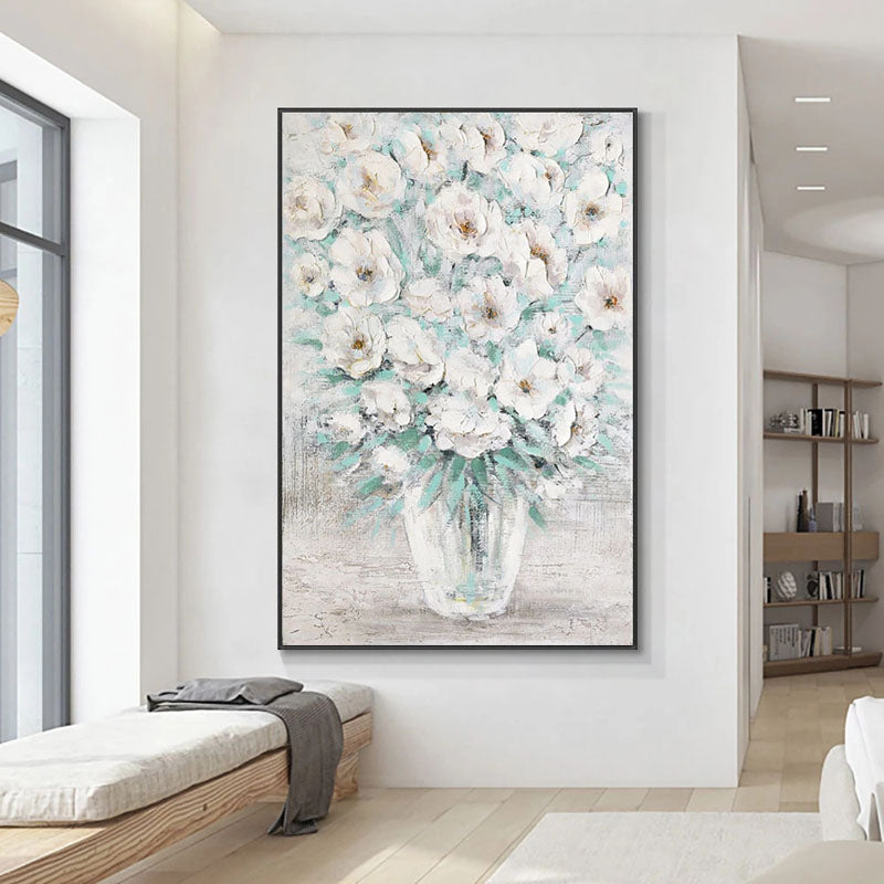 White Floral Vase Oil Painting - Textured Flower Wall Art#ZZ 252