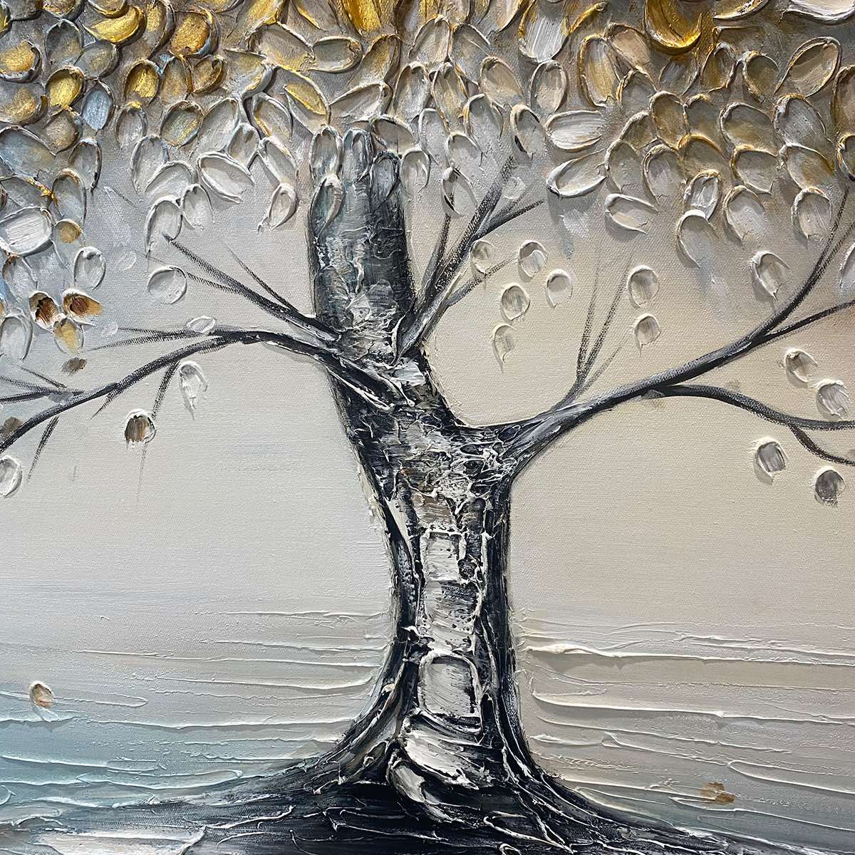 Abstract Gold Tree Painting - Grey and Gold Textured Wall Art#TC 246