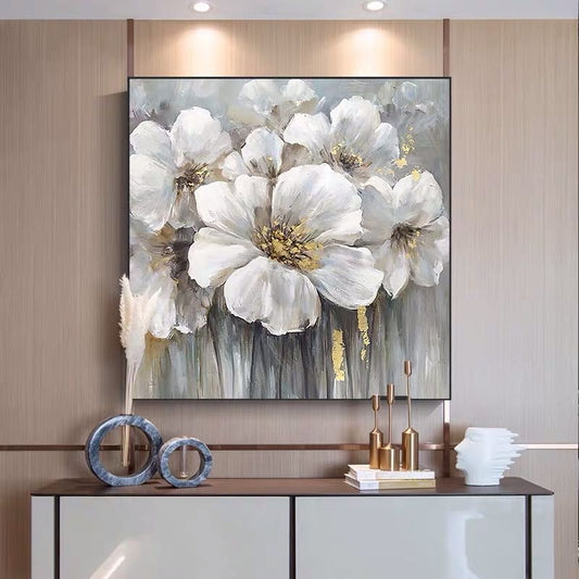 Hand-Painted White Flower Oil Painting