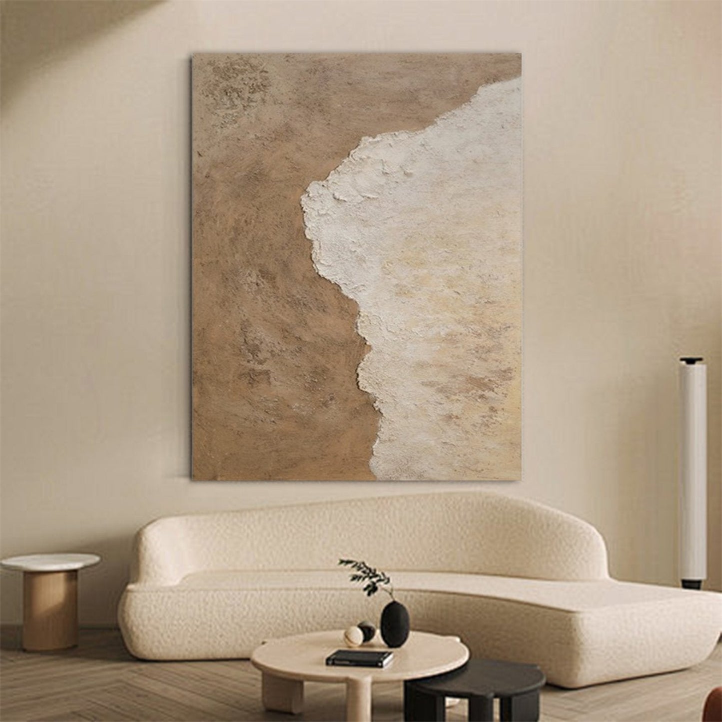 Modern Minimalist Wabi-Sabi Beige and White Abstract Coastal Canvas Painting - Large Contemporary Ocean Wall Art #TC238