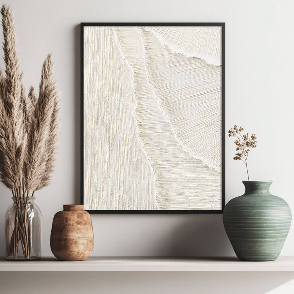 Modern Abstract White Sand Waves Art - Large Hand-Painted Coastal Minimalist Wall Art on Canvas #AA017
