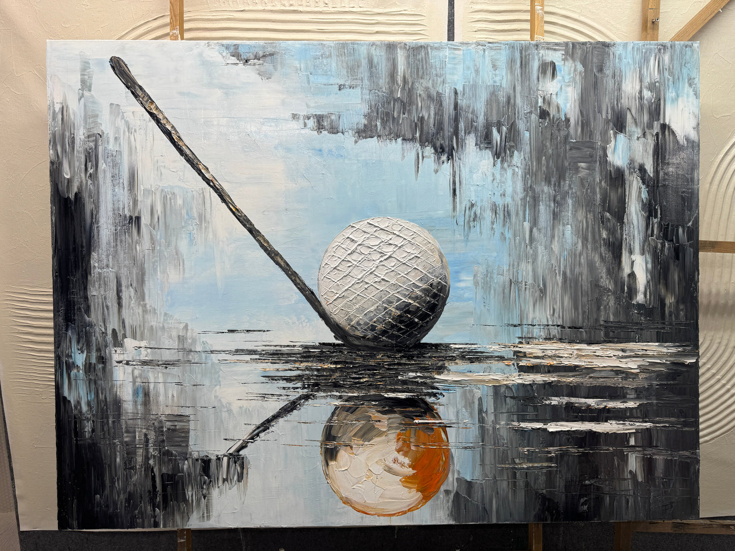 Modern Textured Golf Ball & Club Art - Large Hand-Painted Impasto Sports Oil Painting on Canvas #AA236