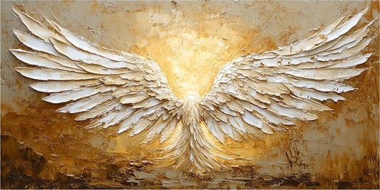 Minimalist Abstract Angel Wings Oil Painting - White and Gold Textured Hand-Painted Art #ZZ148