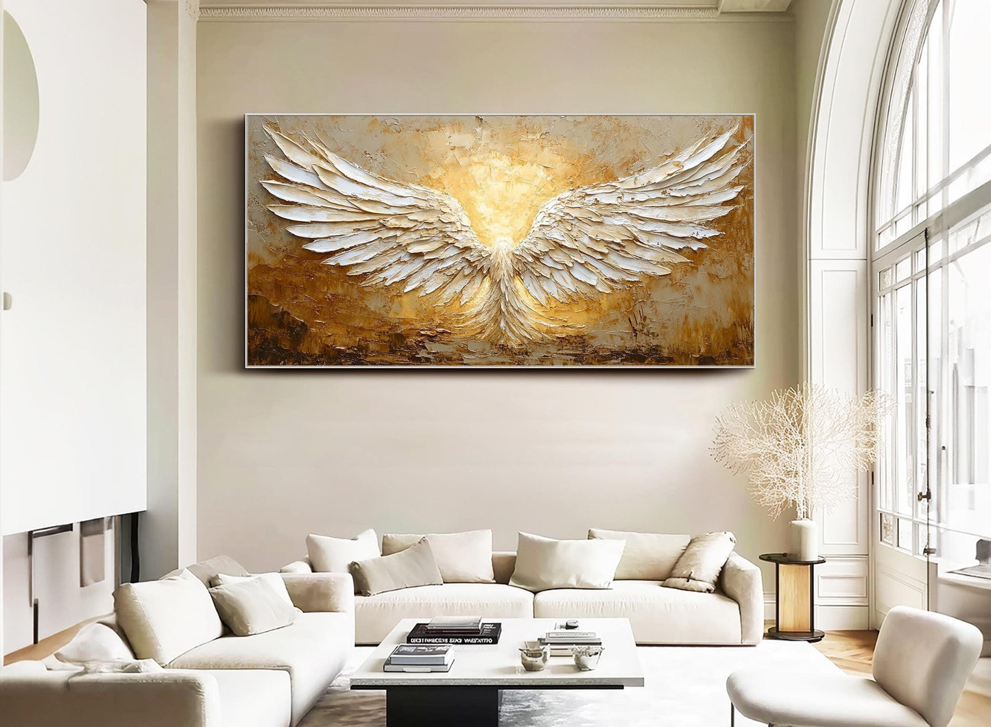 Minimalist Abstract Angel Wings Oil Painting - White and Gold Textured Hand-Painted Art #ZZ148
