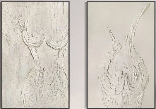 Minimalist Abstract Female Form Oil Painting - 2 Piece Textured Neutral Hand-Painted Set #ZZ204