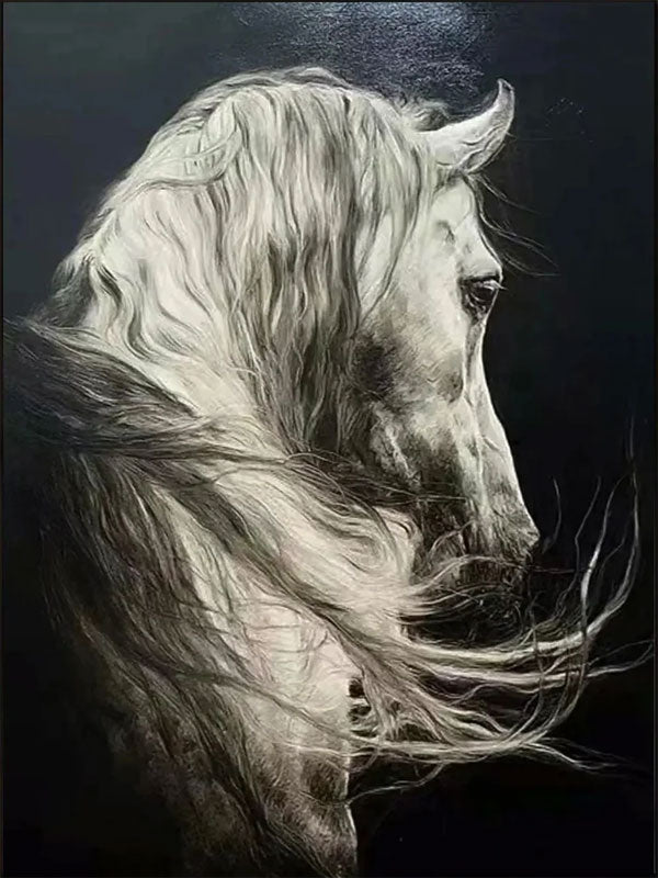 Large hand-painted white horse oil painting in black and white equine wall art style