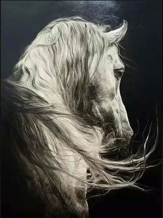 Large hand-painted white horse oil painting in black and white equine wall art style