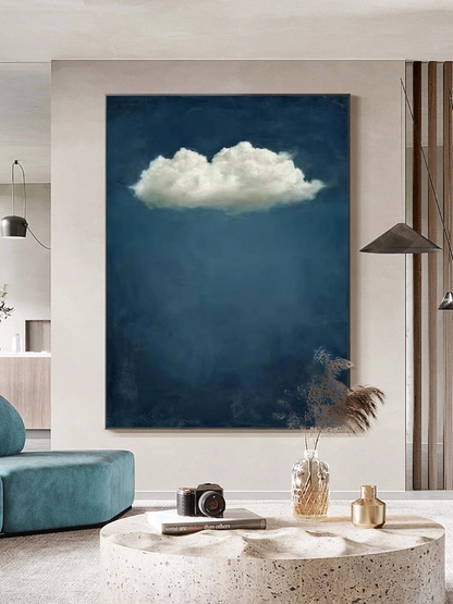 Modern Minimalist Cloud Painting - Large Vertical Blue Textured Canvas Wall Art #TC042