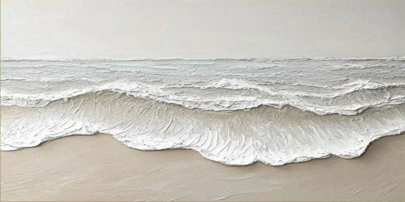 Large hand-painted textured beach wall art with neutral abstract ocean wave detail