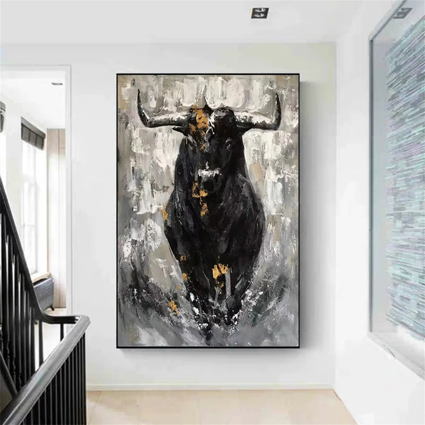 Powerful Abstract Bull Canvas Art - Large Hand-Painted Animal Oil Painting for Office Decor #ZZ024
