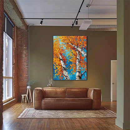 Autumn Birches Hand-Painted Oil Painting - Large Textured Orange Leaves Canvas Art for Home Office #JJ349