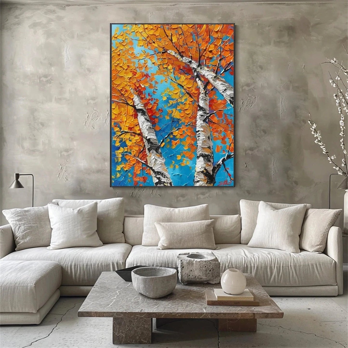 Autumn Birches Hand-Painted Oil Painting - Large Textured Orange Leaves Canvas Art for Home Office #JJ349