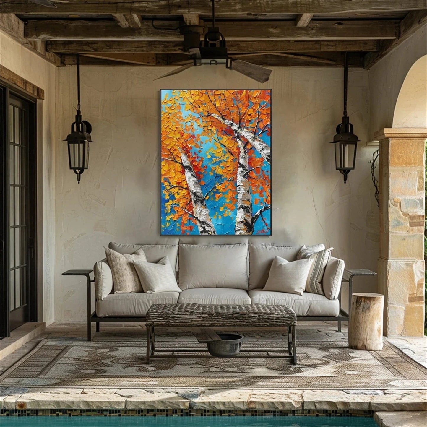 Autumn Birches Hand-Painted Oil Painting - Large Textured Orange Leaves Canvas Art for Home Office #JJ349