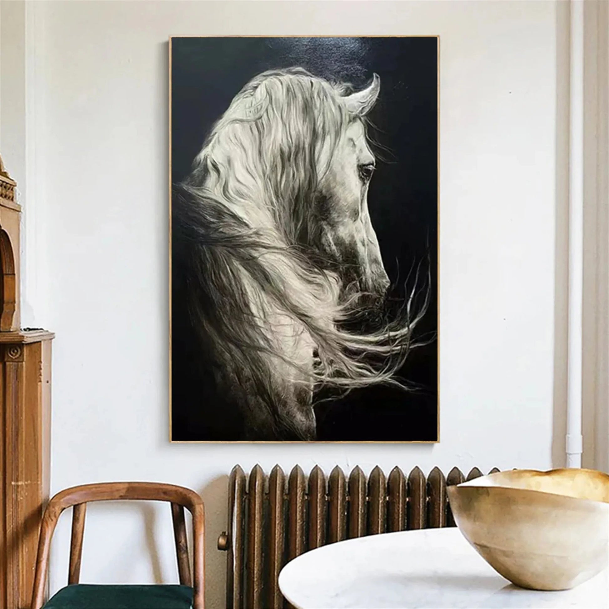 Large hand-painted white horse oil painting in black and white equine wall art style