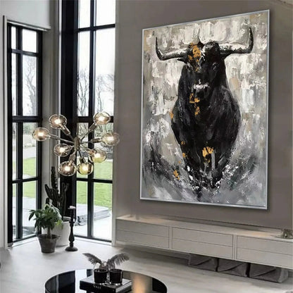 Powerful Abstract Bull Canvas Art - Large Hand-Painted Animal Oil Painting for Office Decor #ZZ024