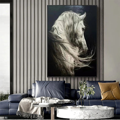 Large hand-painted white horse oil painting in black and white equine wall art style