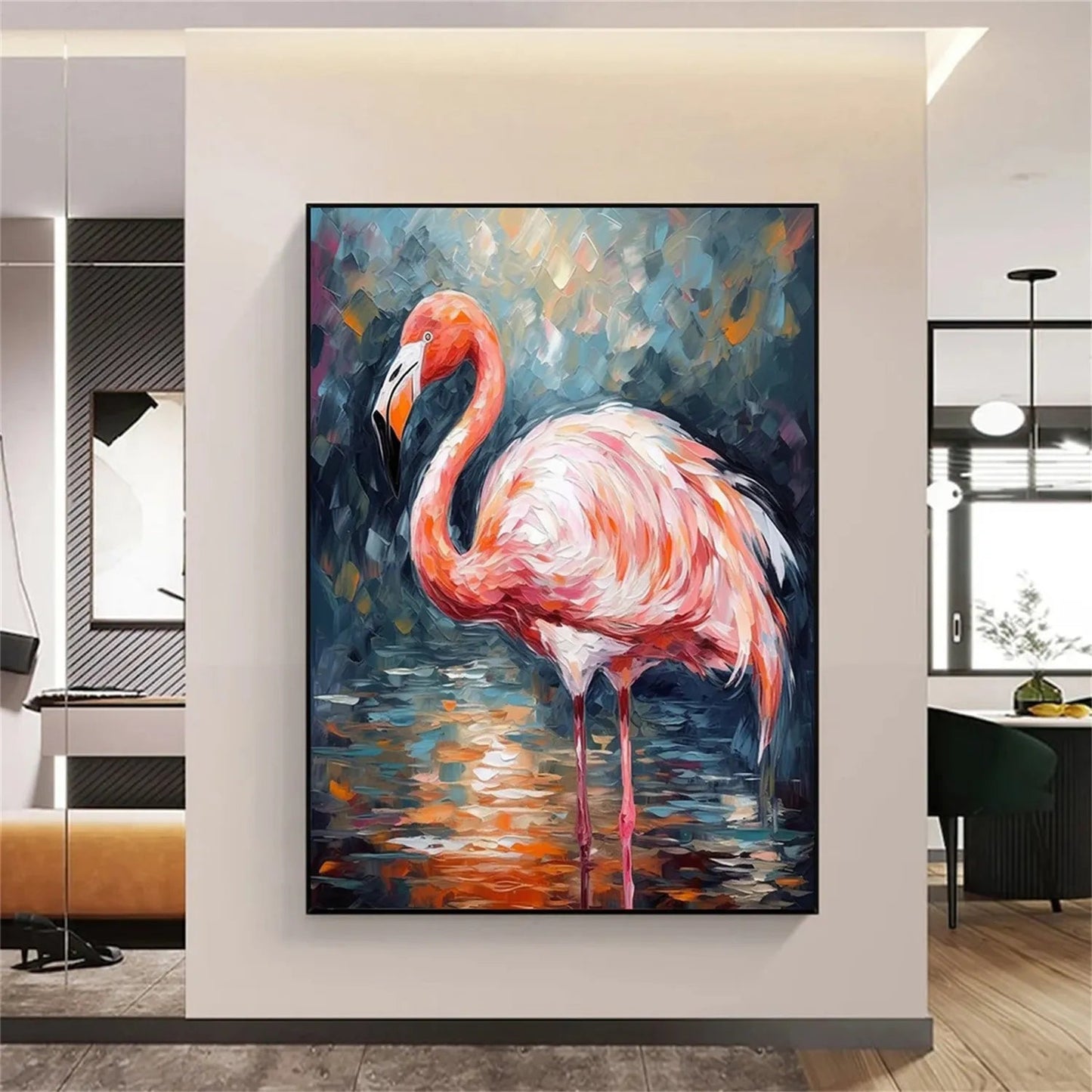 Pink Flamingo Wall Art - Large Hand-Painted Textured Bird Oil Painting on Canvas for Modern Home Decor #ZZ209
