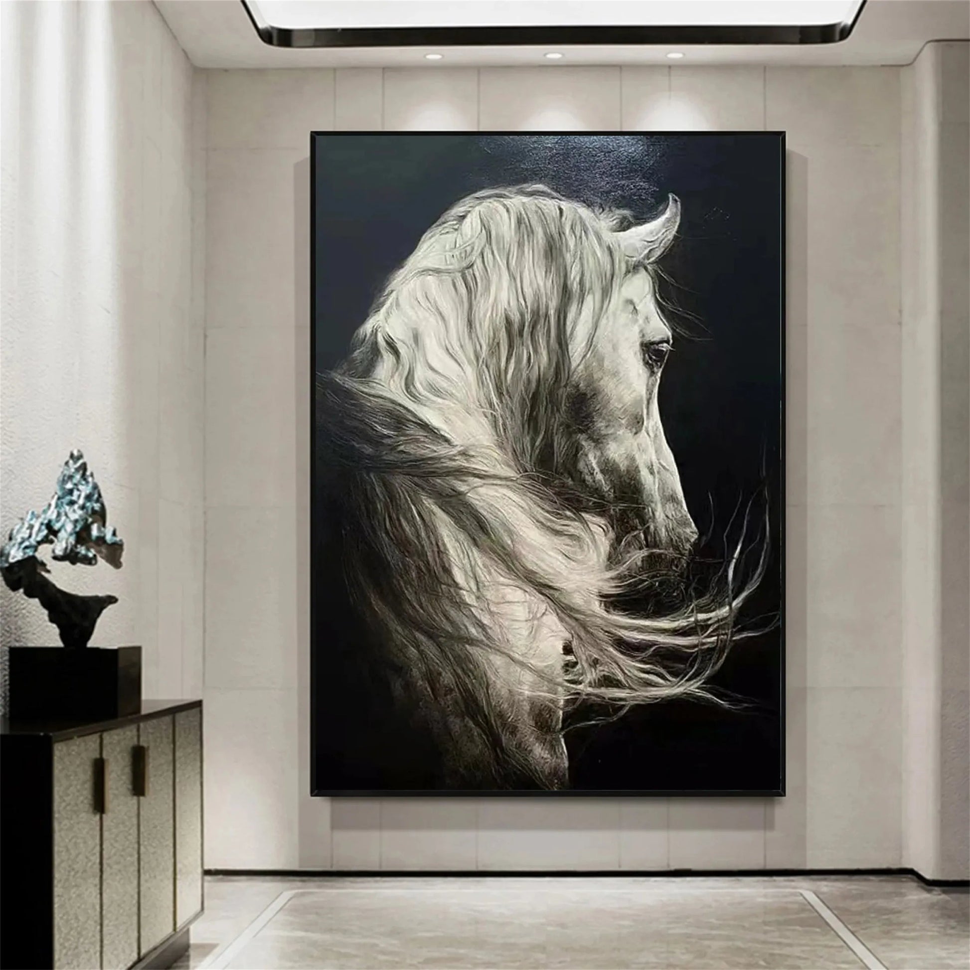 Large hand-painted white horse oil painting in black and white equine wall art style