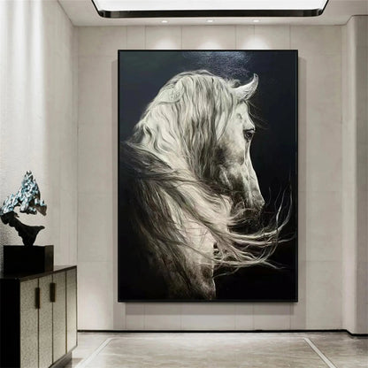 Large hand-painted white horse oil painting in black and white equine wall art style