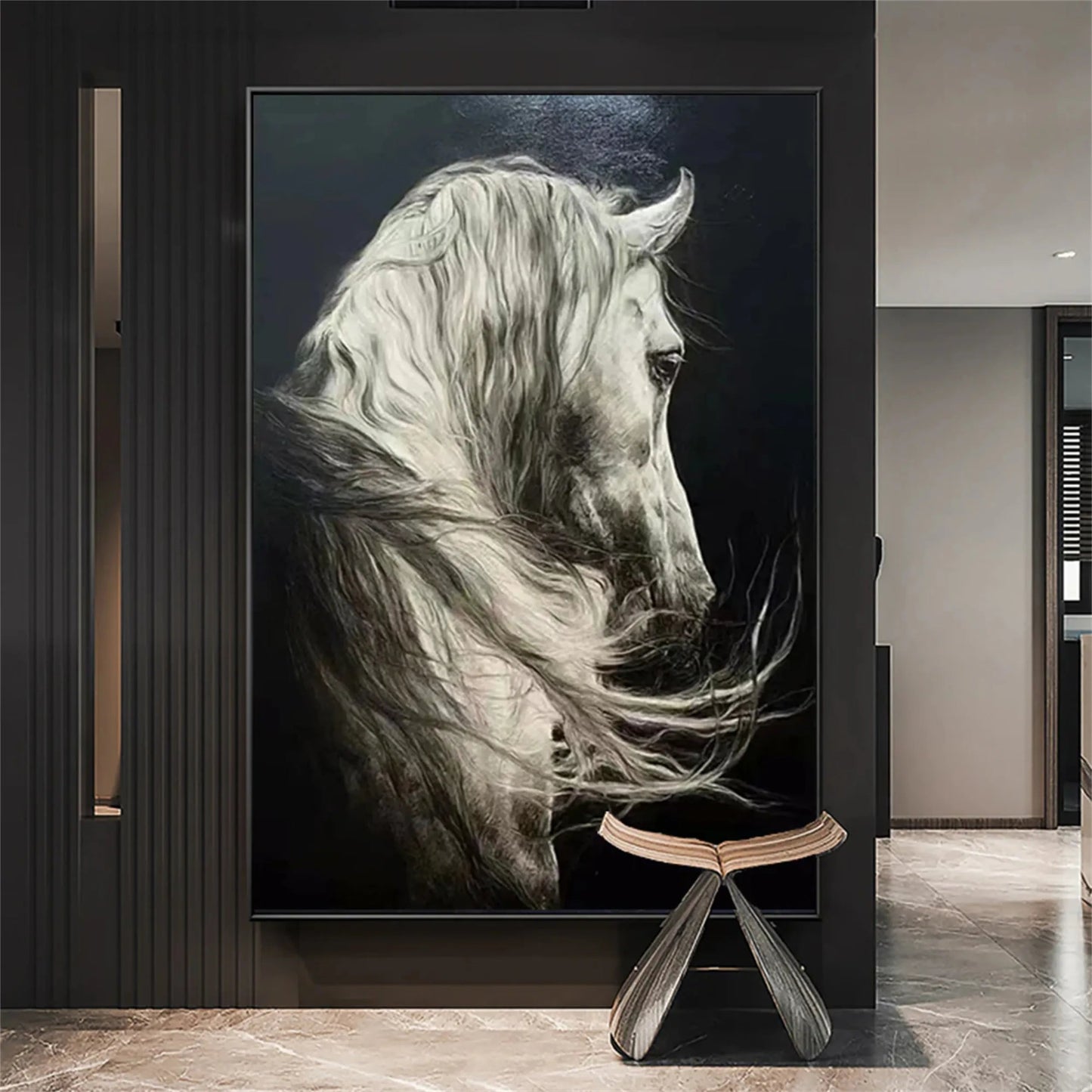 Large hand-painted white horse oil painting in black and white equine wall art style