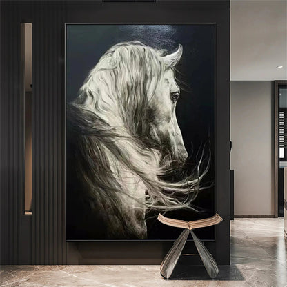Large hand-painted white horse oil painting in black and white equine wall art style
