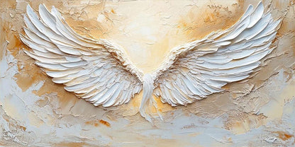 Large hand-painted white textured abstract angel wings wall art for room decor