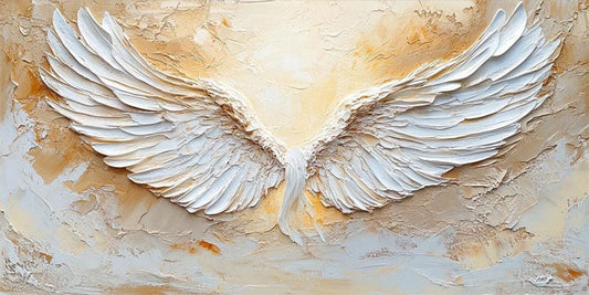 Large hand-painted white textured abstract angel wings wall art for room decor