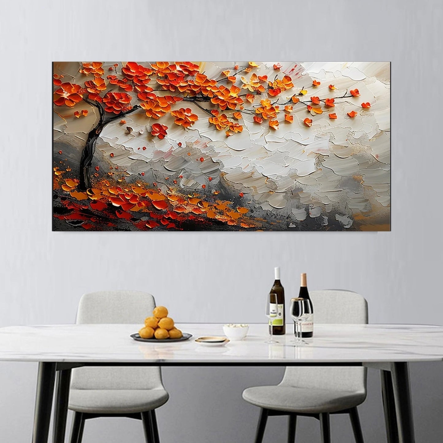Modern Textured Tree Oil Painting - Large Abstract Orange Foliage Wall Art on Canvas #JJ302