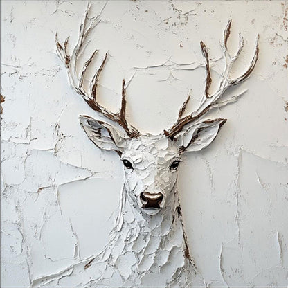 Modern White Plaster Art Deer - Large Textured Stag Painting Minimalist Wall Art on Canvas #ZZ147