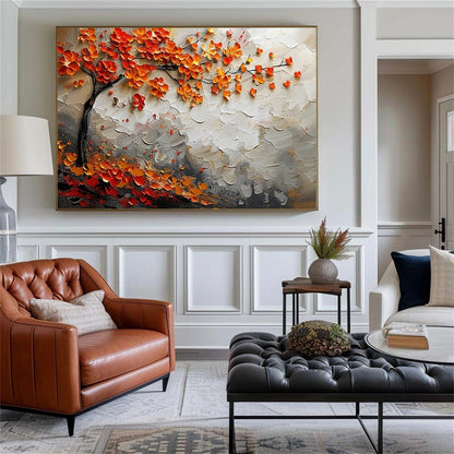 Modern Textured Tree Oil Painting - Large Abstract Orange Foliage Wall Art on Canvas #JJ302