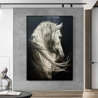 Large hand-painted white horse oil painting in black and white equine wall art style