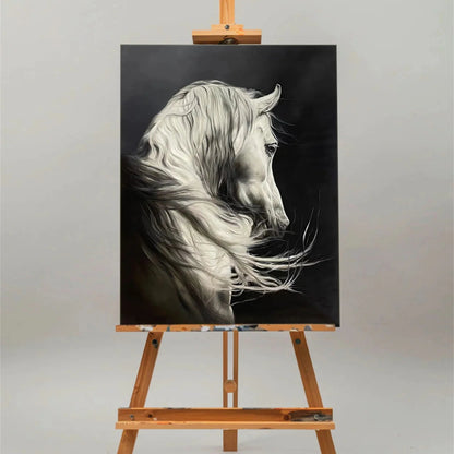 Large hand-painted white horse oil painting in black and white equine wall art style