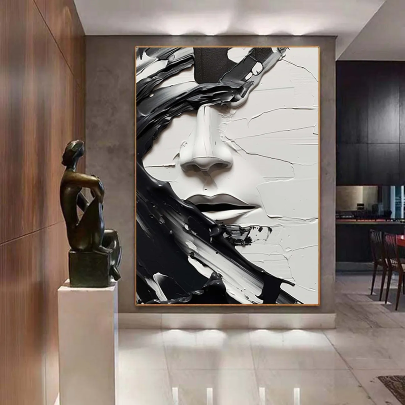 Minimalist Abstract Black and White Face Oil Painting - Textured Oversized Vertical Hand-Painted Art #ZZ199