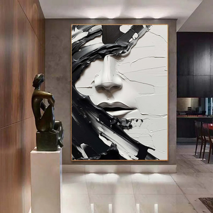 Minimalist Abstract Black and White Face Oil Painting - Textured Oversized Vertical Hand-Painted Art #ZZ199